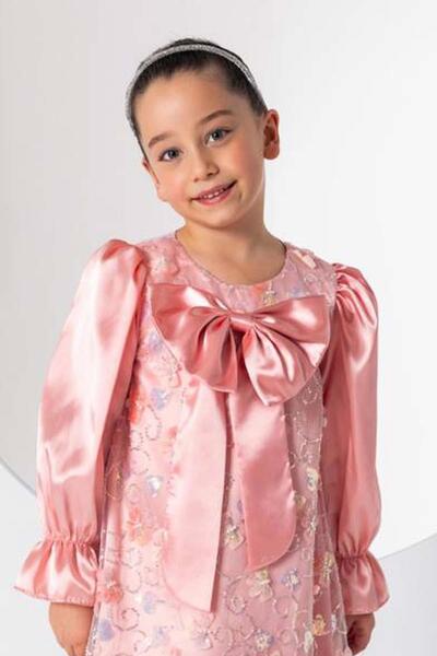 Riccotarz Kız Çocuk Göğsü Kurdele ve Üzeri Kelebek İşlemeli İspanyol Kollu Somon Şifon Elbise