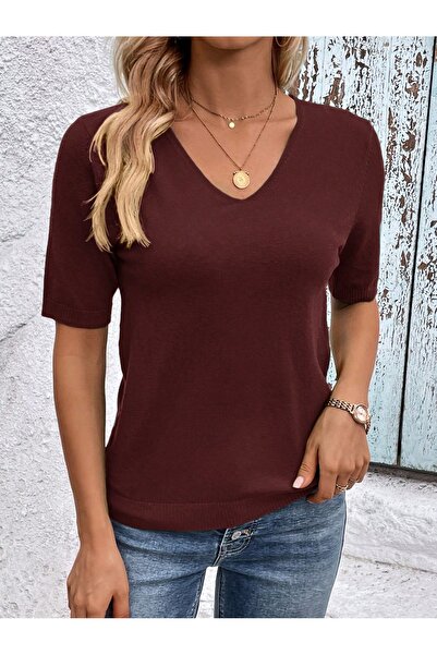 AQE FASHION Tricotaj cu mânecă scurtă elastică cu decolteu în V din Lycra Blu...