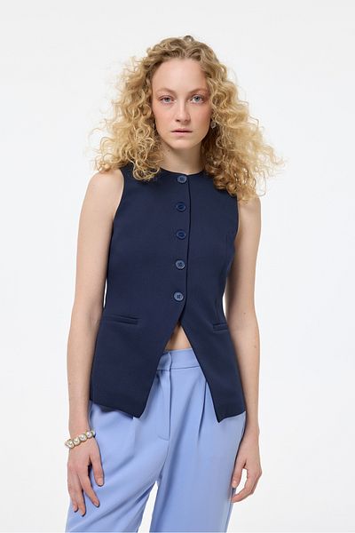 Quzu Buttoned V Cut Sleeveless Vest Navy Blue