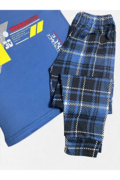 Fil Kids Erkek Çocuk %100 Pamuklu İnterference Desenli Altı Ekose Mavi Kısa Kollu Mevsimlik Pijama