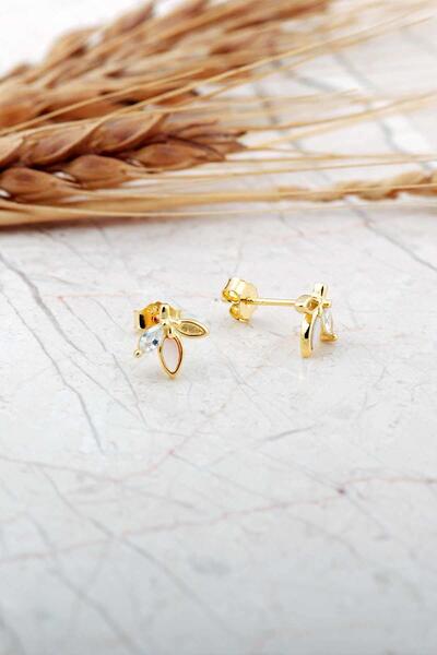 Sümer Telkari Sedef Taşlı Altın Kaplama Yaprak Mini Gümüş Küpe 7284