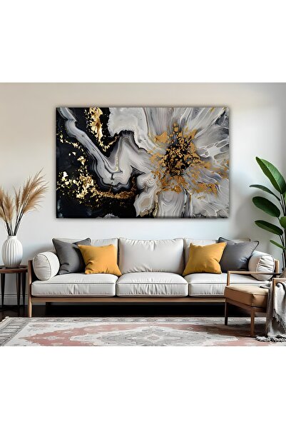 Harikabirev | SİYAH-Gri Gold ÇİÇEK SOYUT Modeli01 | TEKLİ YATAY KANVAS TABLO