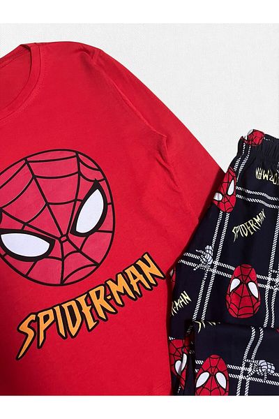 Fil Kids Boys' 100% Cotton Spiderman Patterned Red Long Sleeve Seasonal Pajama Set