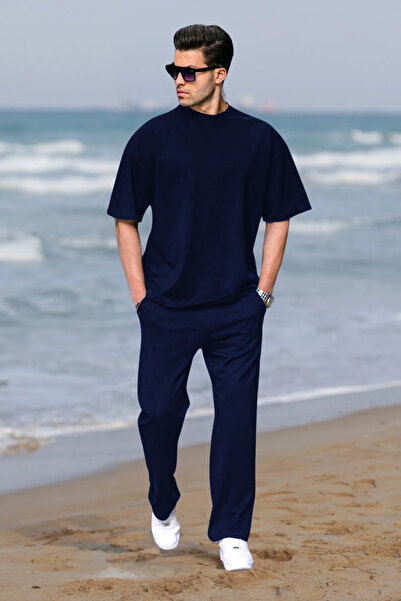 OKULCUBABA Erkek Lacivert Oversize Kısa Kollu Yazlık Eşofman Takımı