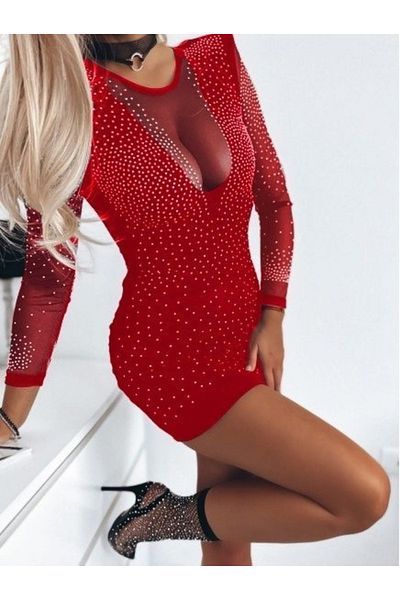 Modayakamoz Women's Long Sleeve Round Neck Low-Cut Rhinestone Diving Dress