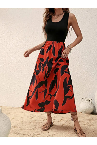 modamtn Eyesof Women's Strappy Round Neck Top Viscose Bottom Patterned Long Single Jersey Dress