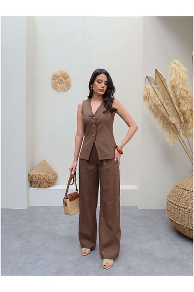ESRAHELVACI Gold Button Detailed Linen Vest Trousers Set