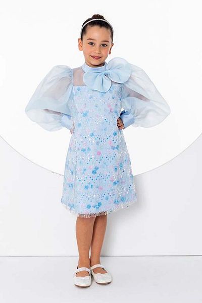 Riccotarz Rochie albastră pentru fetiță, cu paiete florale brodate, cu fundă pe umăr, tul transparent, mânecă cu balon