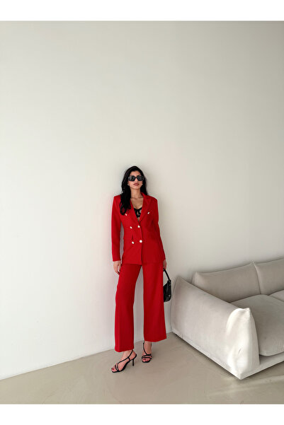 Female Clothing Kırmızı Düğmeli Blazer Ceket Cepli Bol Pantolon Takım Elbise