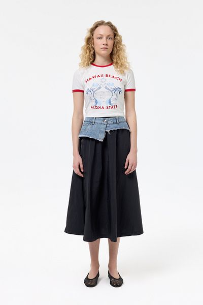 Quzu Black Midi Skirt - Denim Waist, Technical Fabric