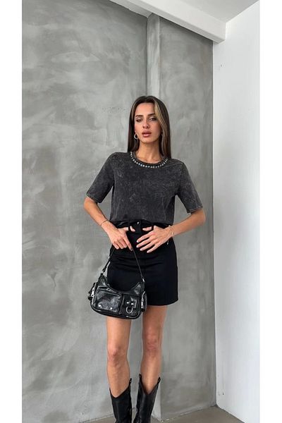 Ecenin Favorileri Cotton Blended Anthracite Washed Collar Stone Tshirt
