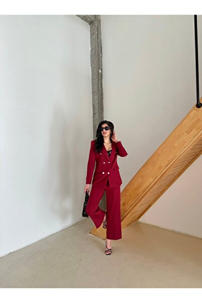 Female Clothing Bordo Düğmeli Blazer Ceket Cepli Bol Pantolon Takım Elbise