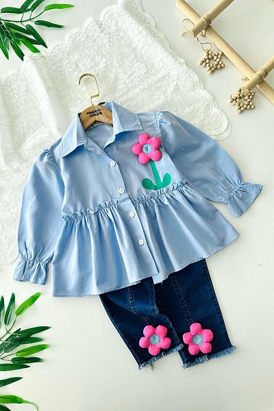 Minigimin Cicileri Light Blue My Little One's Cicics Floral Patterned Denim Panther 2 Piece Suit