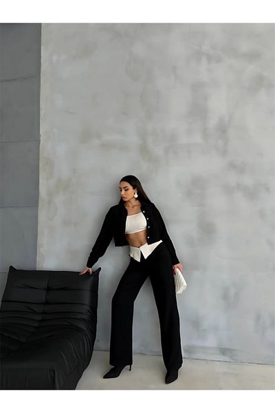 leyla sanat sanata yeni bir bakış açısı Leyla Art a New Perspective on Art Linen Shirt-Crop-Casual Pants Suit - Black