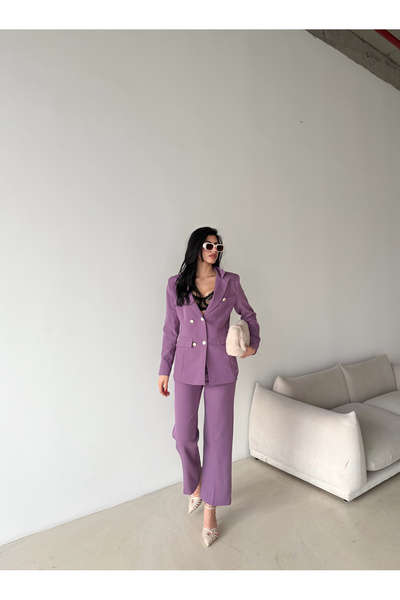 Female Clothing Lila Düğmeli Blazer Ceket Cepli Bol Pantolon Takım Elbise