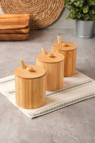 AVANTAGE HOME Arven - Bamboo 3-Piece Spice Jar with Lid and Spoon 10 cm X 8.5 cm