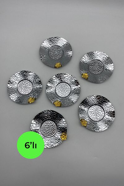 Fiyakalı Ürünler Atölyesi Set Mit 6 Silbernen, Gewellten Gänseblümchen-Teetellern – Geprägtes Modell Mit Untersetzer