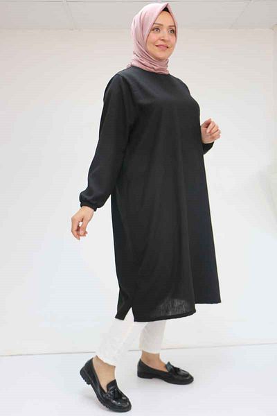 Eslina 58057 Large Size Linen Tunic with Elastic Sleeves - Black