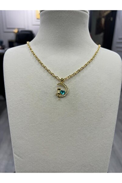 Store Altın Kaplama Zirkon Taşlı Kedili Ay Kolye