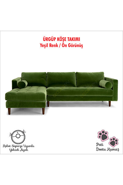 Decoraev Ürgüp Yeşil Modern Köşe Koltuk Takımı Baby Face Yumuşak Leke Tutmaz Kumaş Rahat Köşe Takımı Sol Köşe