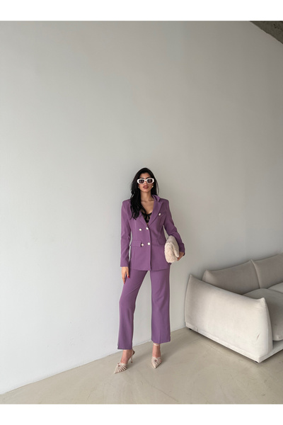 Female Clothing Lila Düğmeli Blazer Ceket Cepli Bol Pantolon Takım Elbise