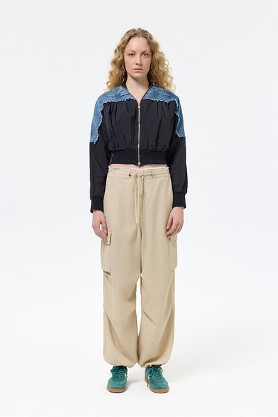 Quzu Black Bomber Jacket - Džínové detaily a střapce