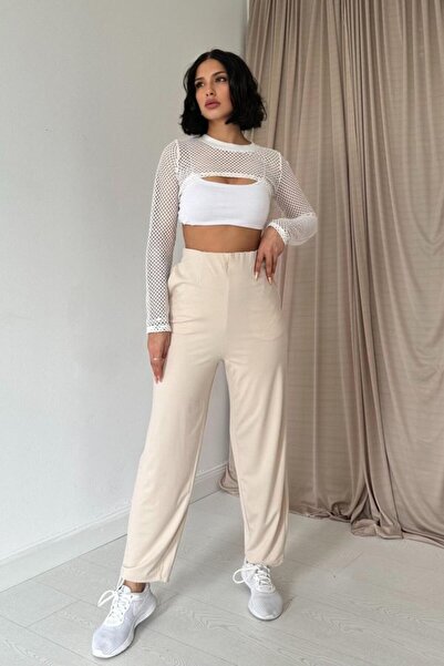 Modayakamoz Beige Pencil Rubber Detailed Trousers