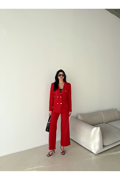 Female Clothing Kırmızı Düğmeli Blazer Ceket Cepli Bol Pantolon Takım Elbise