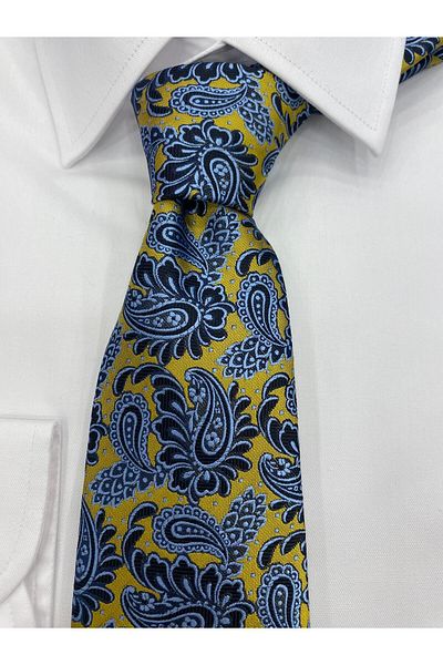 Cacharel Woven Fabric Patterned Yellow Navy Blue Tie