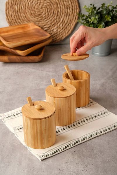 AVANTAGE HOME Arven - Bamboo 3-Piece Spice Jar with Lid and Spoon 10 cm X 8.5 cm