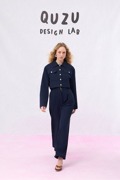 Quzu Double Belted High Waist Loose Trousers Navy Blue