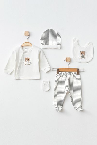 Aziz Bebe Baby Boy Bear Embroidered 5' Hospital Discharge Set 0 Months - 3 Months