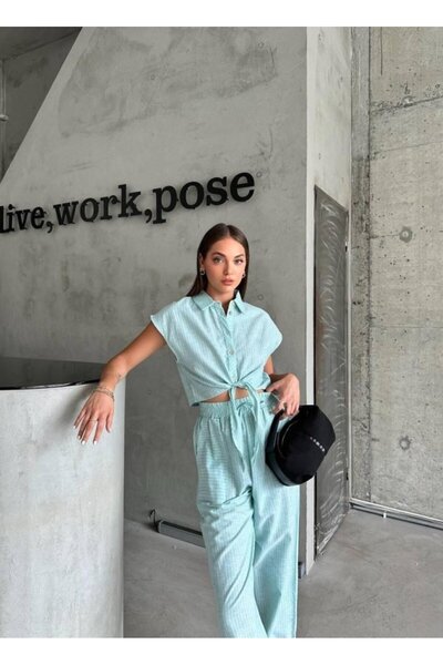 Serero Striped Linen Sleeveless Crop Pants Suit - Green