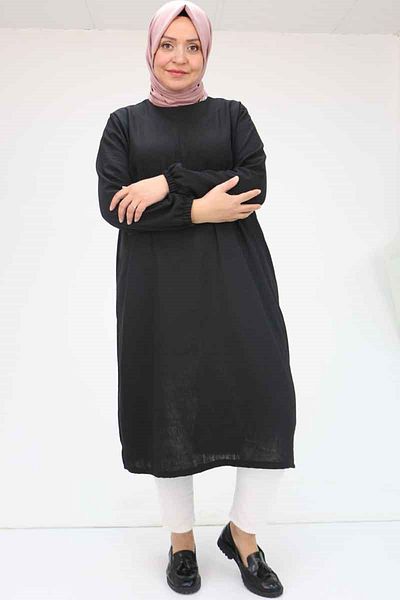 Eslina 58057 Large Size Linen Tunic with Elastic Sleeves - Black