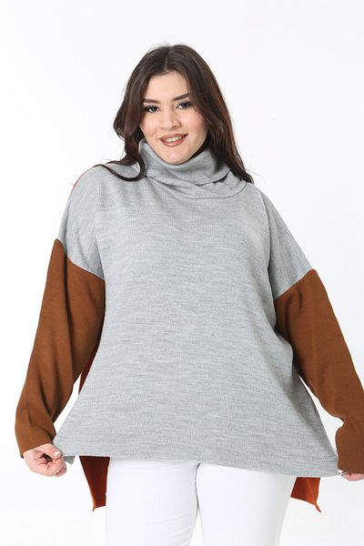 Şans Women's Large Size Colorful High Collar Color Combination Knitwear Poncho 65N38864