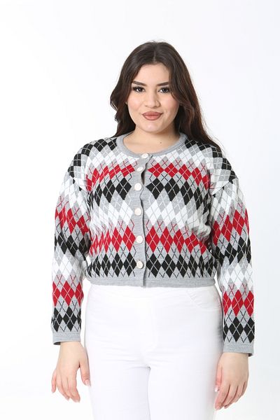 Şans Women's Large Size Gray Diamond Pattern Front Button Knitwear Cardigan 65N38863