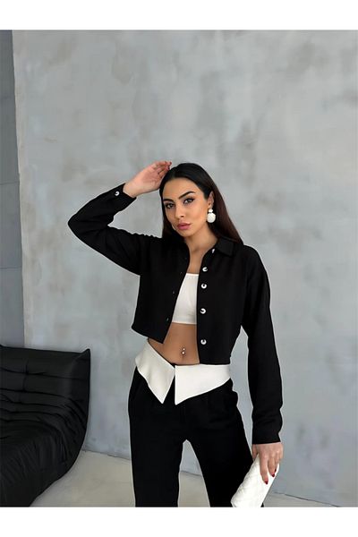 leyla sanat sanata yeni bir bakış açısı Leyla Art a New Perspective on Art Linen Shirt-Crop-Casual Pants Suit - Black