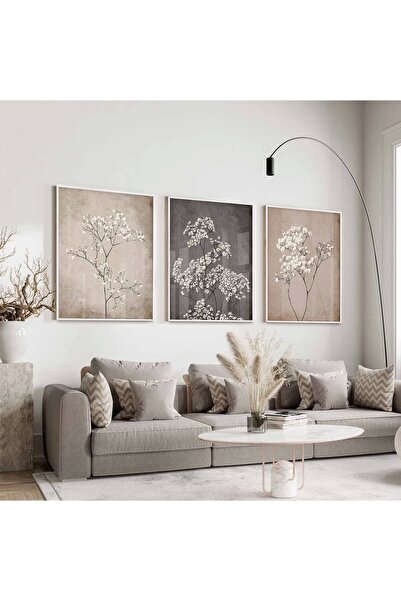 KOLAJTASARIM Monokrom Floral Desenli Beyaz Metal Çerçeveli Cam Tablo /S