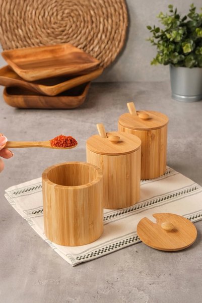 AVANTAGE HOME Arven - Bamboo 3-Piece Spice Jar with Lid and Spoon 10 cm X 8.5 cm