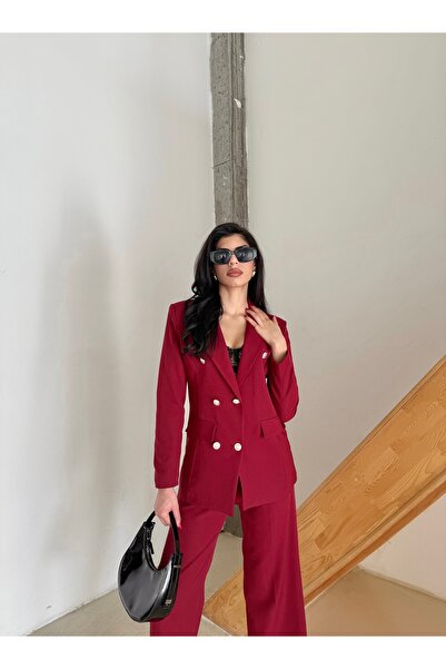 Female Clothing Bordo Düğmeli Blazer Ceket Cepli Bol Pantolon Takım Elbise