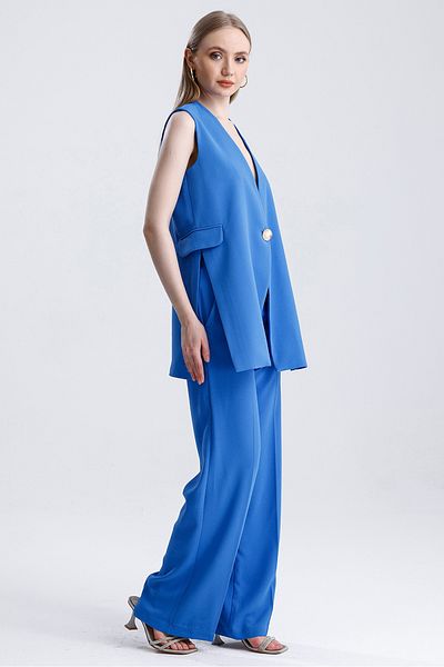 MD trend Women's Single Button Slit Detailed Lined Vest and Palazzo Pants Double Crepe Set