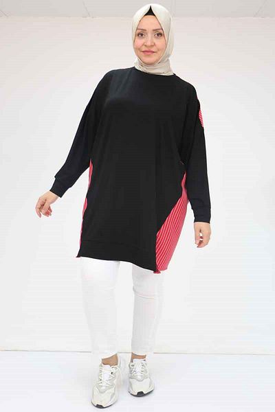 Eslina 58046 Large Size Shoulder and Side Garnished Combed Cotton Tunic - Black-Red