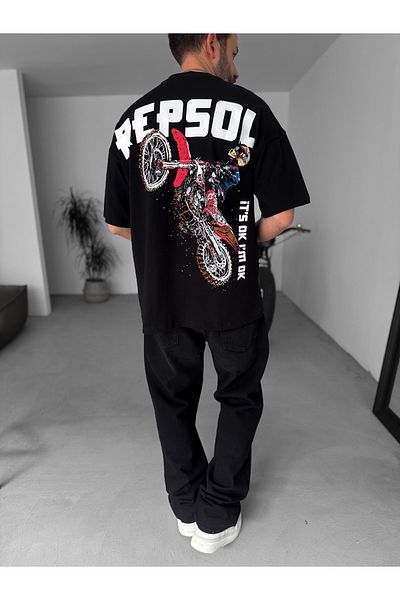 BYBASICMAN Black R-Cross Printed Oversize T-Shirt Jj-203