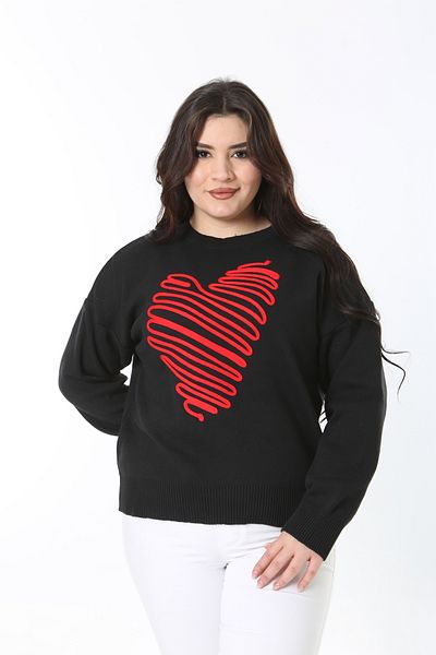 Şans Women's Large Size Black Suzine Embroidered Knitwear Sweater 65N38862