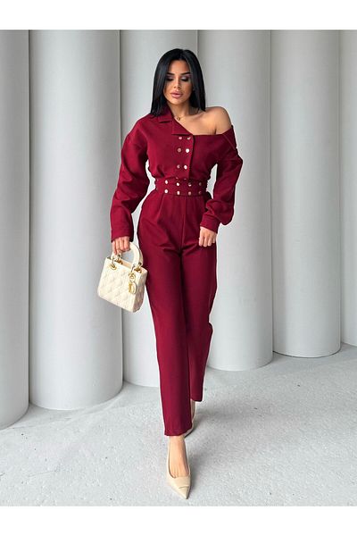 HARMONY GLOBAL Women's Burgundy Gold Snap Fastener Shoulder Detailed Belted Design Jumpsuit 7255