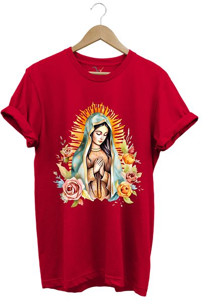 WİDİ Colorful Virgin Mary Printed 100% Cotton Regular Fit Crew Neck Red T-Shirt
