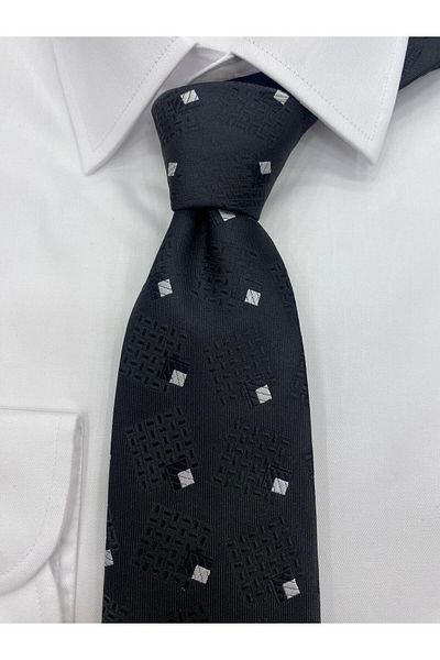 Cacharel Woven Fabric Patterned Black and White Tie