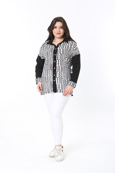 Şans Women's Large Size Black Front Patterned Blouse 65N38869