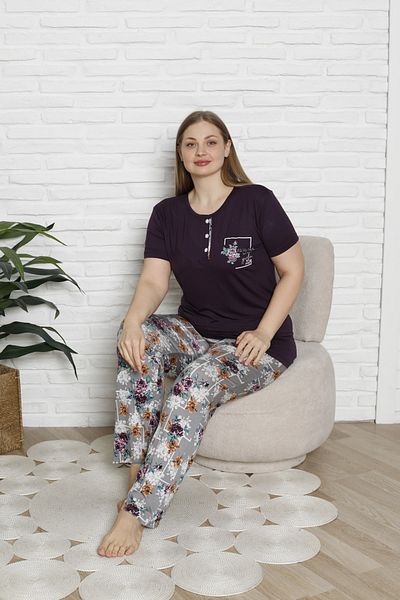 KAPİTEX Bamboo Plus Size Short-Sleeved Six Long Plum Color Pajamas Set