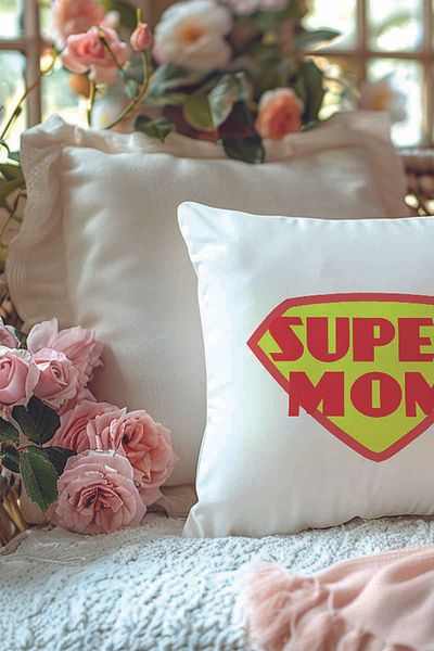 qoeuyl boutique Super Mom Mother's Day Printed Fiber Filled Gift Pillow